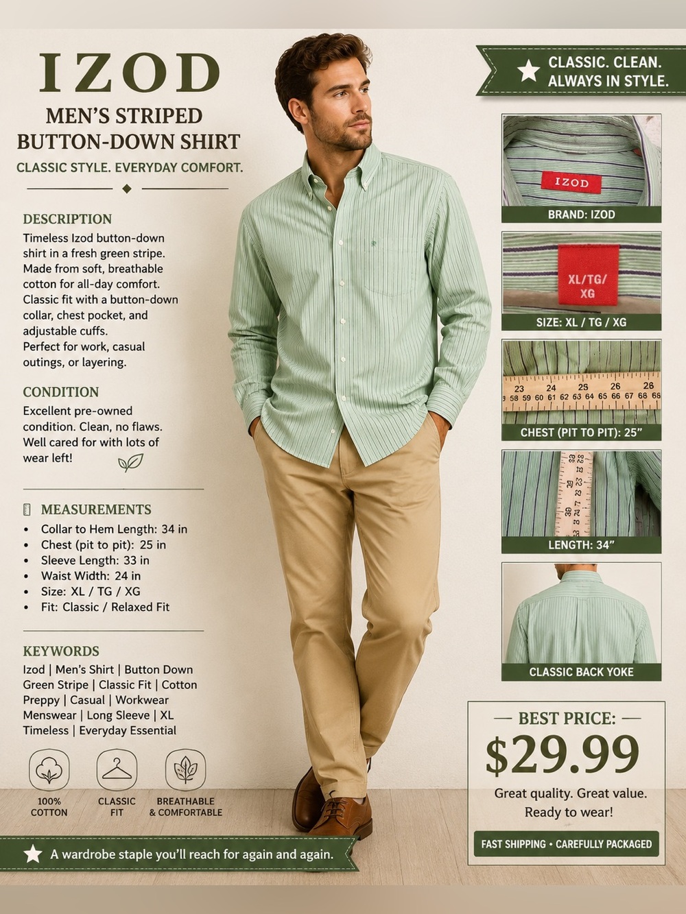 Izod Men's Light Green Pinstripe Dress Shirt